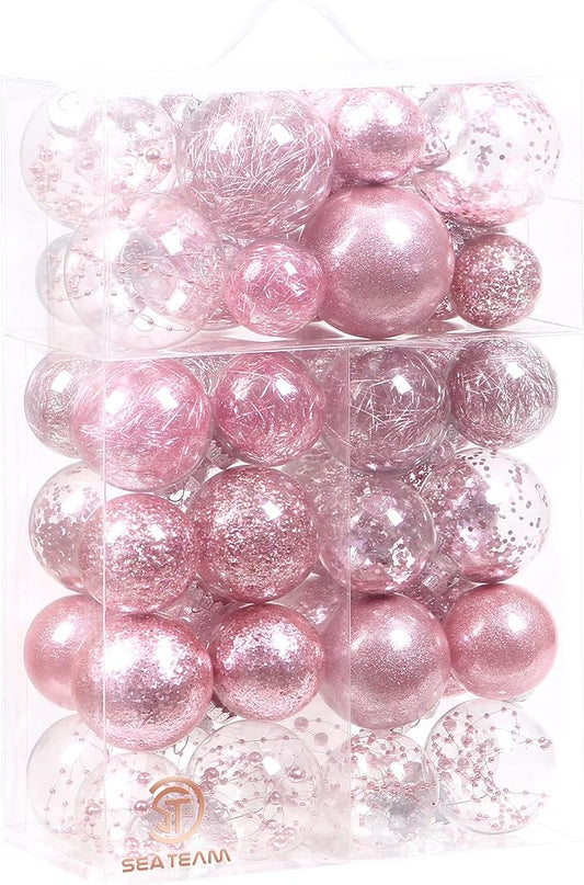 Sea Team Christmas Baubles Set of 48 Shatterproof Clear Plastic Christmas Baubles Multi-Size Decorative Baubles with Stuffed Delicate Decorations (48 Pieces, Pink)