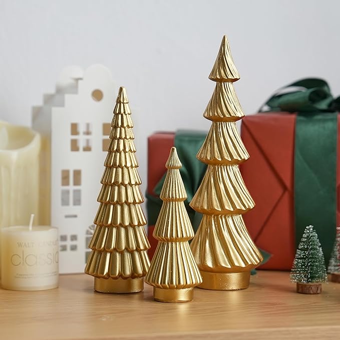 Gold Christmas Trees Small Resin Christmas Tree Figurines, 3Pcs Decorative Tabletop Trees for Xmas Decorations Indoor Mantel Centerpiece