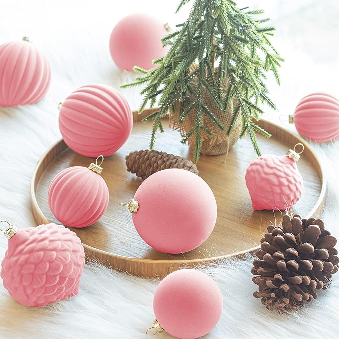 KI Store Velvet Christmas Balls Rose Pink 25pcs Flocked Christmas Tree Ornaments Assortment for Xmas Tree Holiday Decor