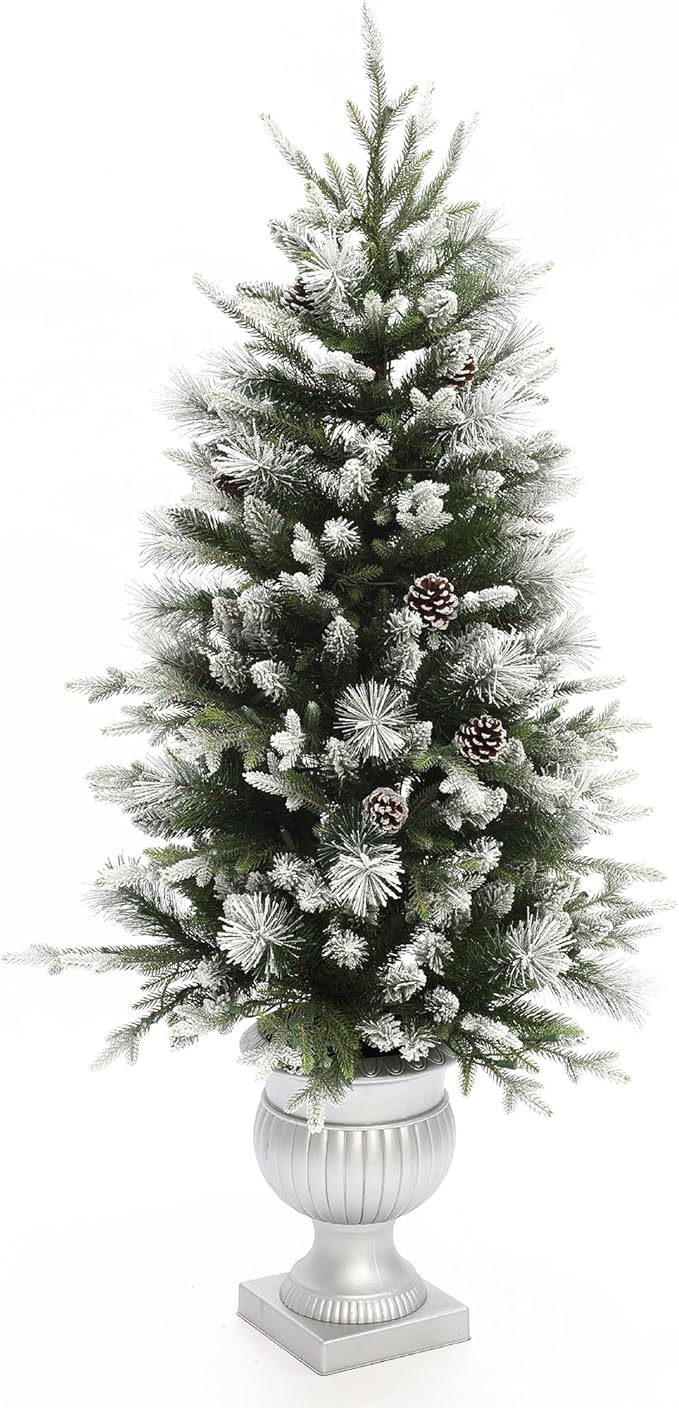 LuxenHome 4.5FT Potted Christmas Tree, Small Flocked Christmas Tree Prelit with 100 LED Lights and Pinecones, Lighted Pencil Artificial Christmas Trees with Urn Style Planter Pot for Indoor, Outdoor