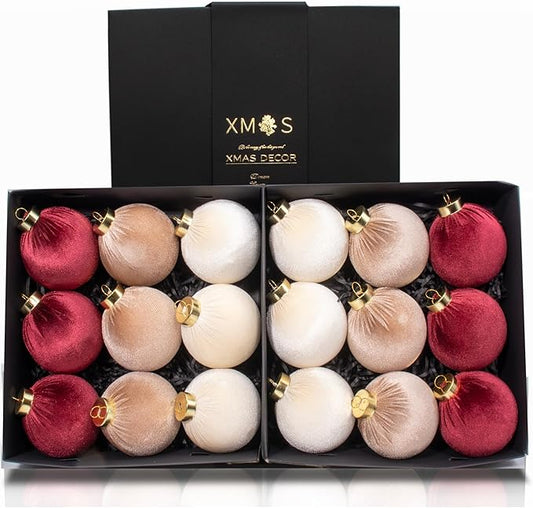18PCS Velvet Christmas Ornaments Set – Large Matte Flocked Shatterproof Baubles for Xmas Tree Decoration, Luxury Hanging Ornaments for Holiday & Home Décor (Red, Brown, White, 3 Inch / 8 cm)