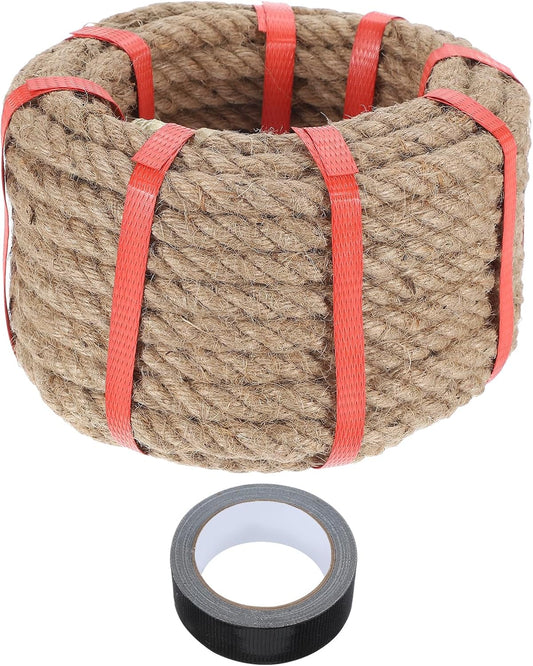MECCANIXITY Jute Rope 0.5 Inch x 44ft, Thick Twine Rope Ropes Braided Jute Twine Natural Brown Burlap Cord String Heavy Twisted with Tape for Decorative Crafts Railing Swing Tug of War