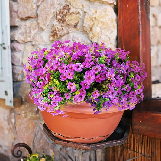 16 Bundles Artificial Flowers for Outdoors ,No Fade UV Resistant Realistic Purple Silk Daisy Fake Eucalyptus Summer Plants for Indoor Decoration Outside Planter Porch Home Garden Window Box Decor
