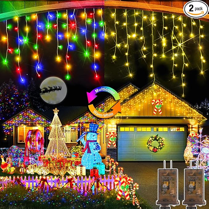 Heceltt Color Changing Christmas Lights, 2 Pack Total 98FT 960 LED Ice Lights for Outside with 180 Drops, 11 Modes Warm White to Multicolor Ice String Lights for Christmas Eaves Party Decorations