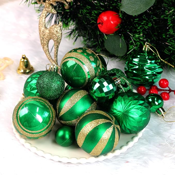 100PCS Christmas Ball Ornaments, Assorted Shatterproof Christmas Tree Decorations, Seasonal Decorative Hanging Baubles Decor Set for Xmas/Holiday/Party, Glitter&Painting Ornament Set (Green Gold)