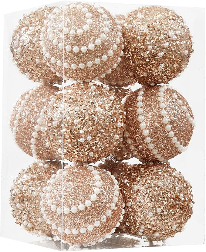 Rose Gold Christmas Ball Ornaments,12ct Christmas Tree Shatterproof Plastic Hanging Sequin Xmas Balls for Festivals Holiday Party Decorations(70mm/2.76")