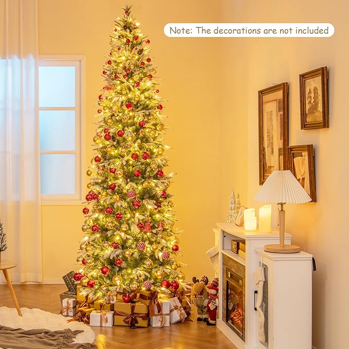 GOFLAME 9 FT Pre-Lit Pencil Christmas Tree Snow Flocked, Slim Artificial Xmas Tree with 1310 Branch Tips, 470 LED Lights, 98 Natural Pine Cones, Hinged Holiday Decoration Tree for Home Office