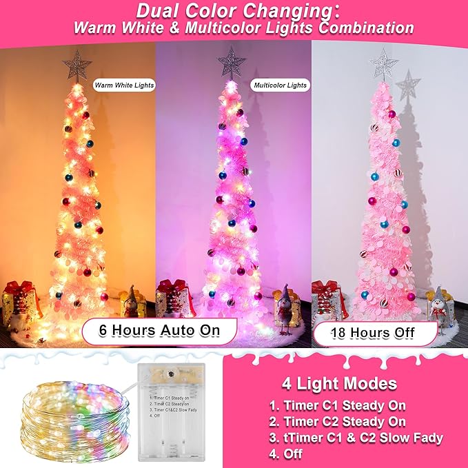5FT Pop Up Christmas Tree with Timer 60 Warm White & Multi Color Fairy Light 3D Star 15 Ball Ornament, Pink White Tinsel Christmas Tree Slim Pencil Xmas Tree Home Office Holiday Decor Indoor Outdoor