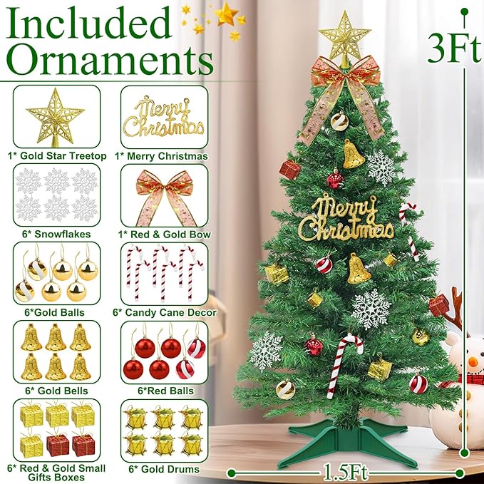 Remote Control-3 FT Artificial Mini Christmas Tree,Tabletop Small Christmas Tree with 50 Warm White & Multicolor Changing Lights Timer 8 Modes DIY Ball Ornaments,Home,Office,Indoor Holiday Decoration