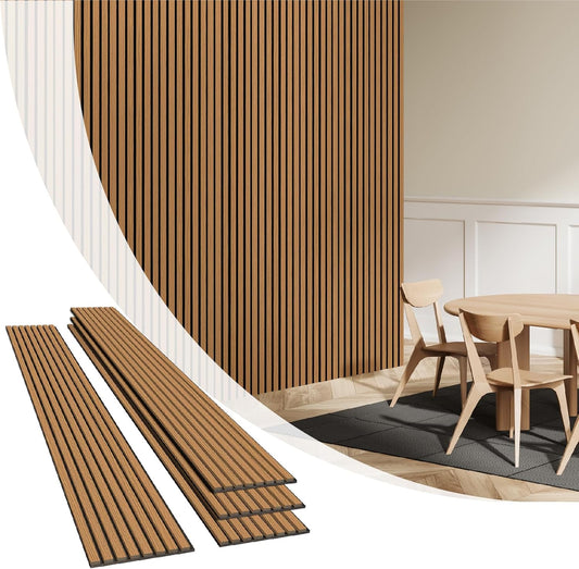 Olanglab Wood Slat Wall Panels 4 Pack, Wooden Acoustic Wall Panels, 94.5"x12.6" Each 3D Wall Panels for Interior Wall Decor (Cherry Toned-Extendo Trio)