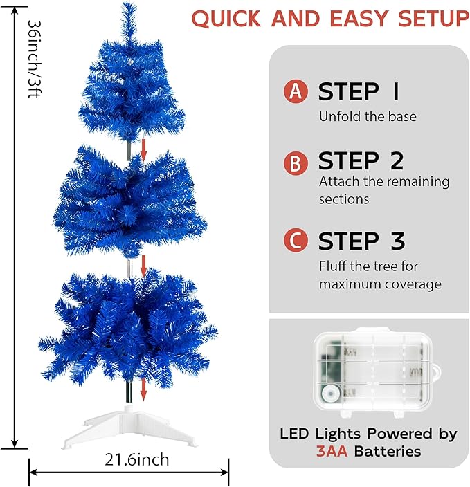Blue 3ft Christmas Tree with Lights, Small 36inch Artificial Tree Mini Table Top Decorations, Xmas Desk Tree with 80 Colored Lights, 200 Branch, Holiday Decor for Home,Indoor Office Tabletop
