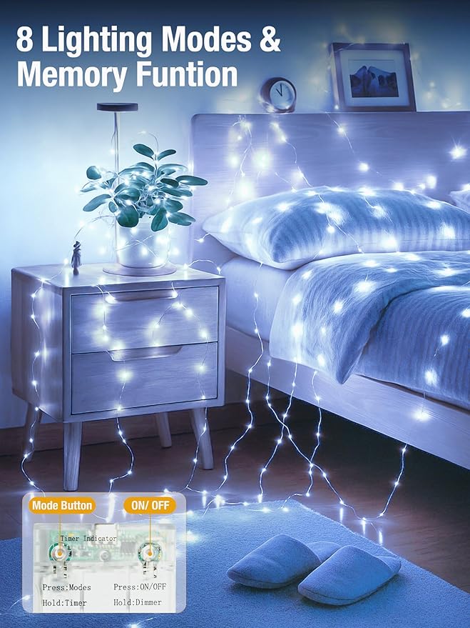 btfarm Fairy Lights Battery Operated with Timer 8 Modes, 16.4 FT 50 LED Silver Wire Twinkle String Lights Battery Powered Dimmable Waterproof for Indoor Home Party Wedding Christmas Decor, Cool White