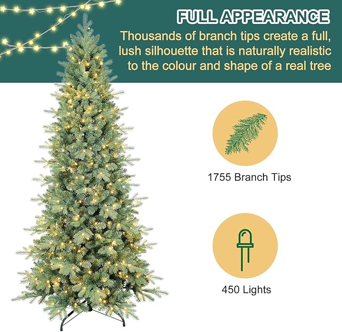 7.5 FT Prelit Artificial Skinny Christmas Tree,Blue Spruce Slim Pencil Xmas Tree with 1755 PE&PVC Mixed Branch Tips,450 UL Listed Clear Lights,Hinged Pine Tree with Metal Stand for Home Office Décor