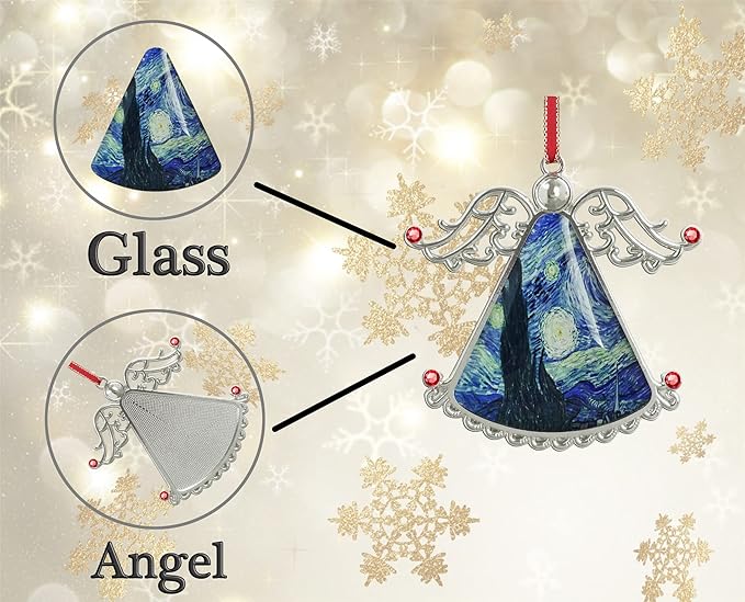 XUTAI Angel Christmas Tree Ornament Van Gogh Starry Night Style Glass Christmas Hanging Angel Glass Pendant for Holiday Decoration
