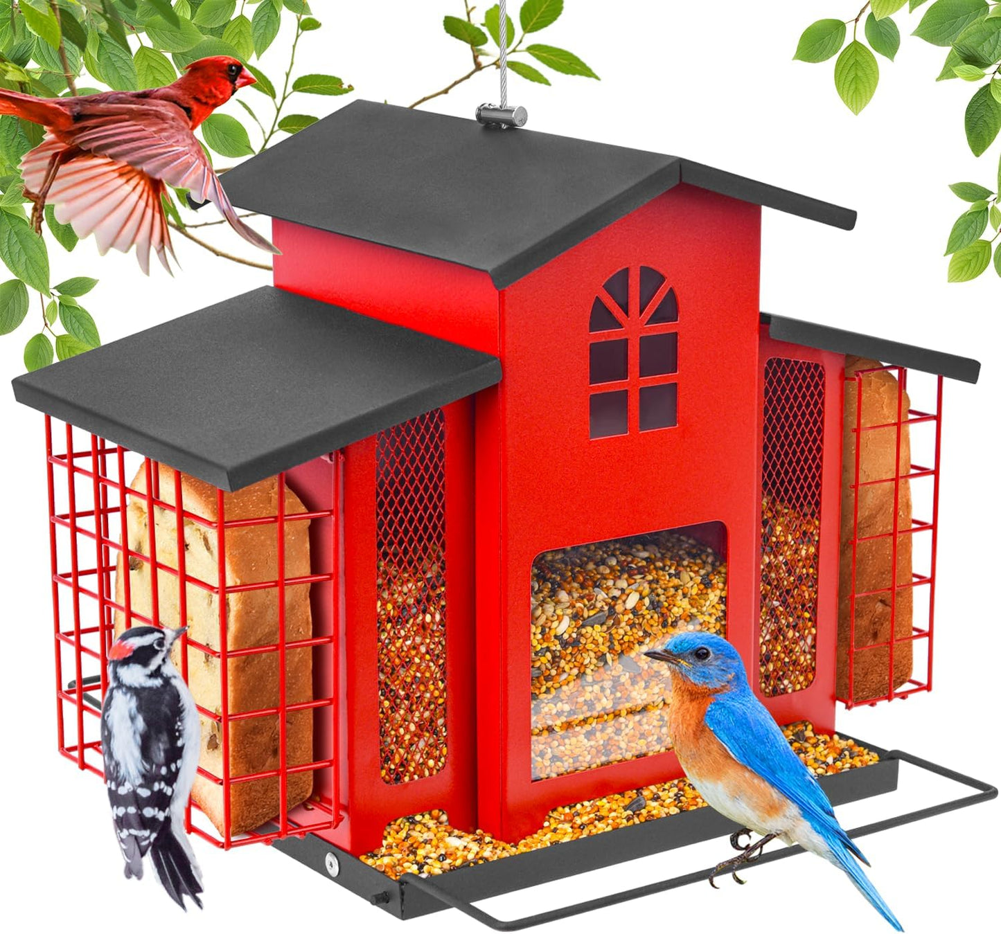 Large Bird Feeders for Outdoors Hanging,Metal Bird Feeder with Double Suet Cage Cake,Sturdy & Weatherproof,Easy to Clean & Refill,4.6Lbs Large Capacity, Great for Attracting Wild Birds,Red