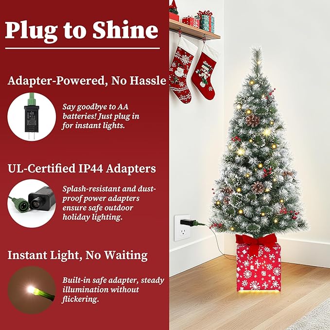 Brightever 4FT Artificial Christmas Tree, Pre-lit Small Christmas Trees with Warm White String Lights, Plug in Green Outdoor Frosted Tip Xmas Trees for Front Door, Snowflake Gift Box Base & Ornaments