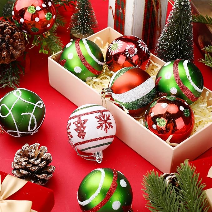Leyndo 30 Pcs Christmas Ball Ornaments 2.4 Inch Lime Green Red White Whimsical Christmas Tree Decorations Glitter Elf Polka Dot Stripes Swirl Peppermint Candy Cane Xmas Bulbs for Tree(Classic Style)
