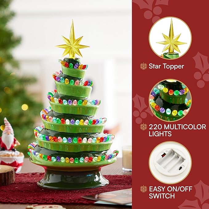 JOIEDOMI 12" Novelty Ceramic Christmas Tree, Lightup Tabletop Xmas Tree with 220 Spiral-Arranged LED Lights, Classic Retro Porcelain Tabletop Decor for Xmas Indoor Office Decorations