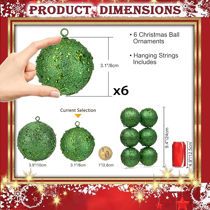 3.15" Large Christmas Balls Ornaments 6 Pcs Shatterproof Big Dark Green Christmas Ornaments for Xmas Tree Bulk Glitter Big Xmas Tree Ornament for Trees Halloween Holiday Wedding Party Decoration