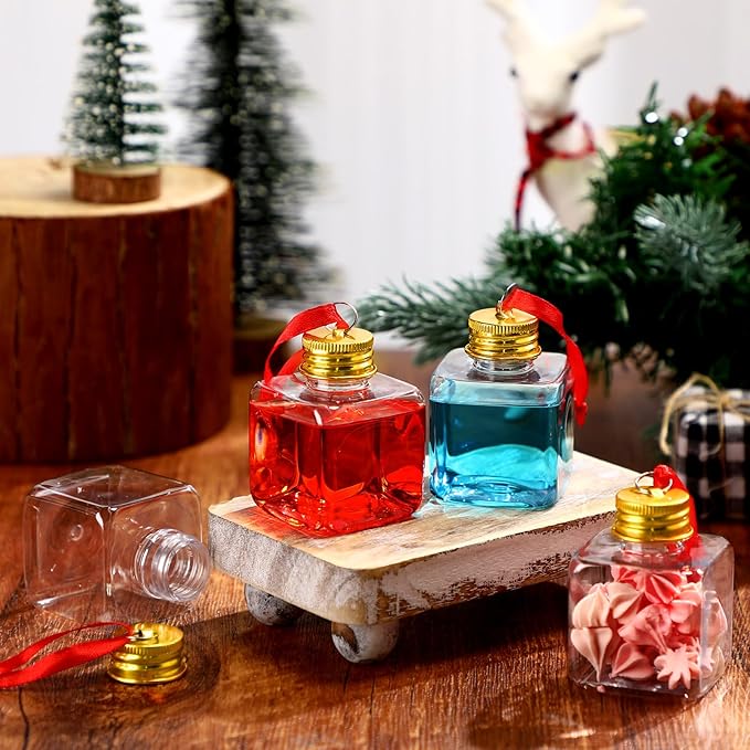 Patelai 18 Pcs Christmas Drink Balls Clear Shot Glass Ornaments Xmas Tree Fillable Ornaments Plastic Xmas Water Bottle Bulbs for Holiday Party Decorations(Square,50 ml)
