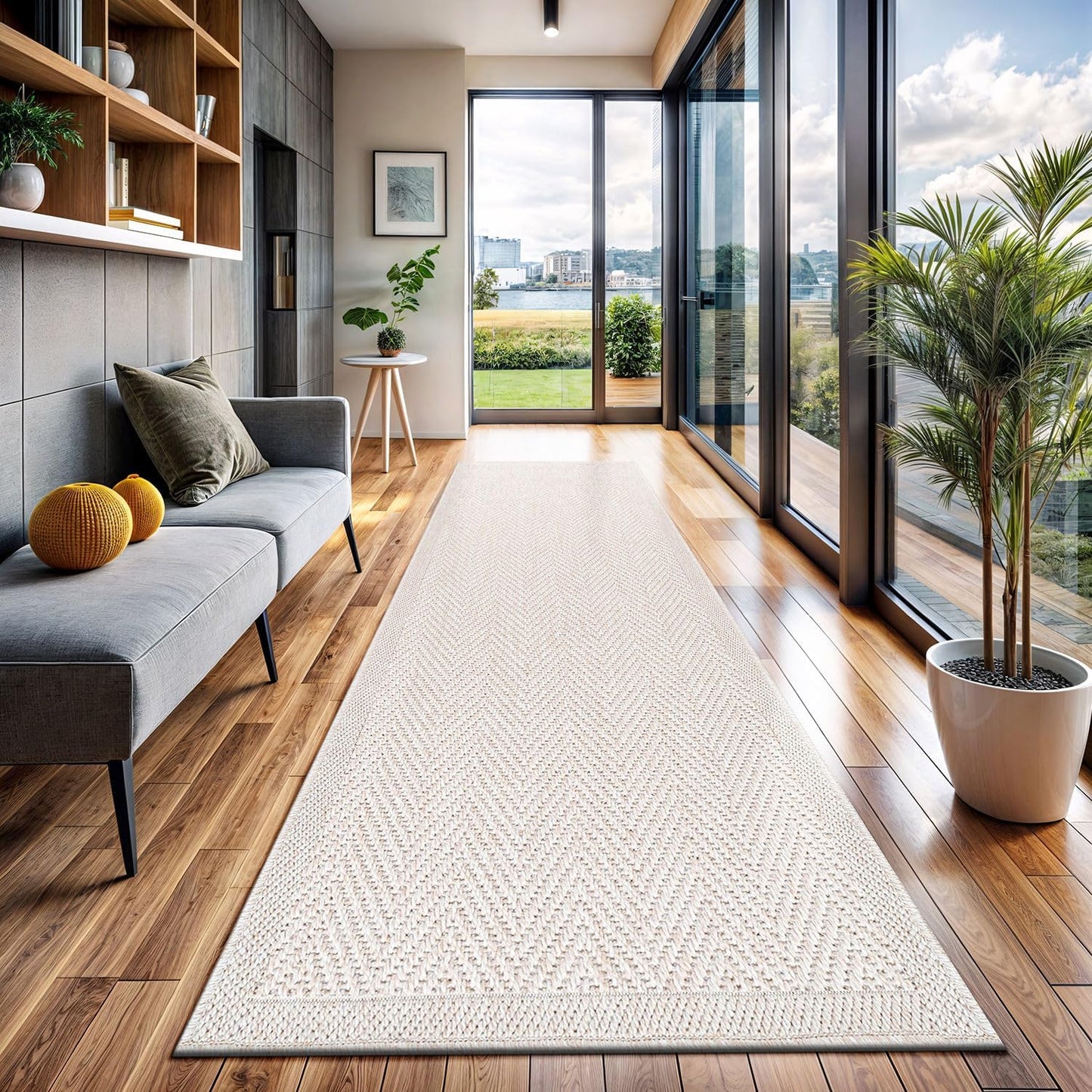 CAMILSON Indoor and Outdoor Runner Rug Off-White Herringbone Seagrass Boho Design Easy-Cleaning Non Shedding Fiber Living Room Bedroom Garden Patio and Kitchen Washable Outside Carpet Alfombras (2x7)
