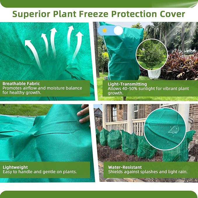2 Pack Plant Covers Freeze Protection, 48"W x 72"H Winter Frost Blanket 2.36 oz/yd² Fabric Frost Cloth Tree Covers Shrub Jacket Bag with Zipper & Drawstring for Plants Fruit Tree Shrub Potted - Green