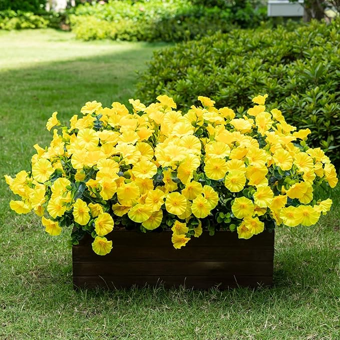 Lnoicy Artificial Flowers for Outdoor 12 Bundles Eucalyptus Fake Flowers for Planter,UV Resistant Fake Morning Glory for Home/Porch/Garden Decoration（Yellow）