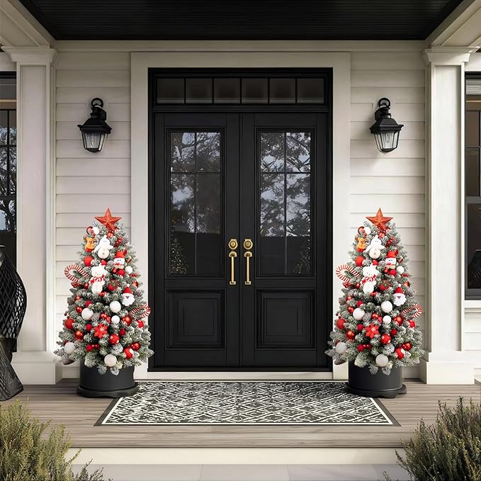 3Ft Pre-lit Tabletop Christmas Tree, Snowy Flocked Christmas Trees, Outdoor Christmas Tree, with 9 Modes LED Lights, Pine Cones & Berries, Battery Operated, for Home Office Desk Decor