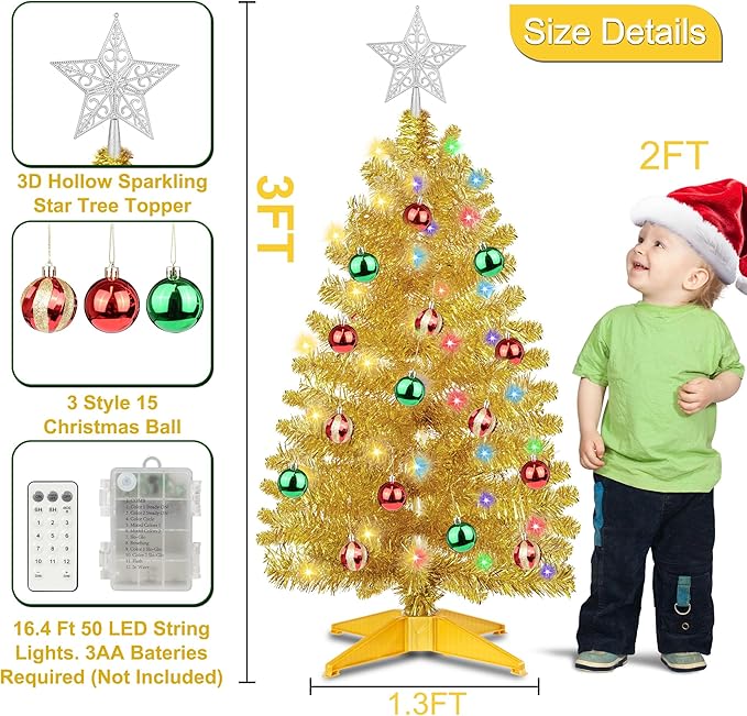 3 Ft Gold Tinsel Christmas Tree Dual Color Change 12 Modes Timer DIY 50 Warm White & Multicolor Lights Star 15 Ball Ornaments Small Artificial Full Xmas Tree Battery Operated Table Home Indoor
