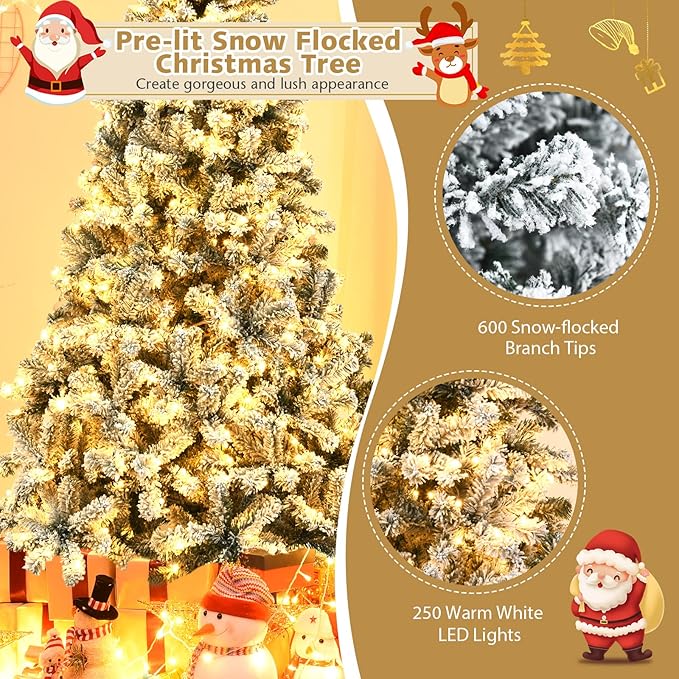 COSTWAY 6 FT Pre-Lit Christmas Tree, Snow Flocked Hinged Xmas Tree with 600 Branches Tips & 250 LED Lights, Metal Stand, Artificial Pine Lighted Holiday Tree for Home Office Decorations