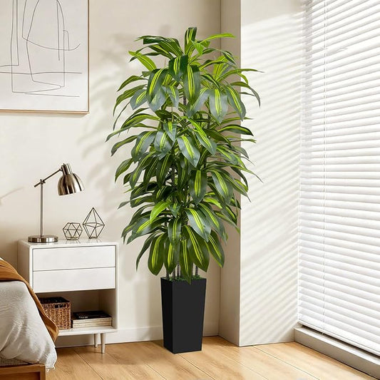 6FT Artificial Dracaena Tree Indoor Fake Tree Tall Plant with Black Planter Faux Plants Indoor Living Room Artificial Plants Indoor Decor Large Fake Plant