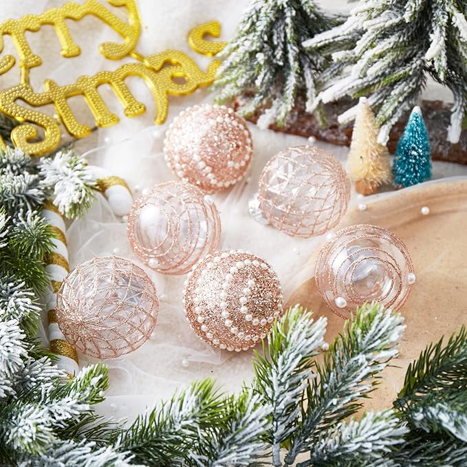 12CT Christmas Ball Ornaments Rose Gold Shatterproof Clear Large Plastic Christmas Tree Decoration, Delicate Hanging Ornaments for Xmas Party, Wedding, Holiday and Home Décor(70mm/2.76")