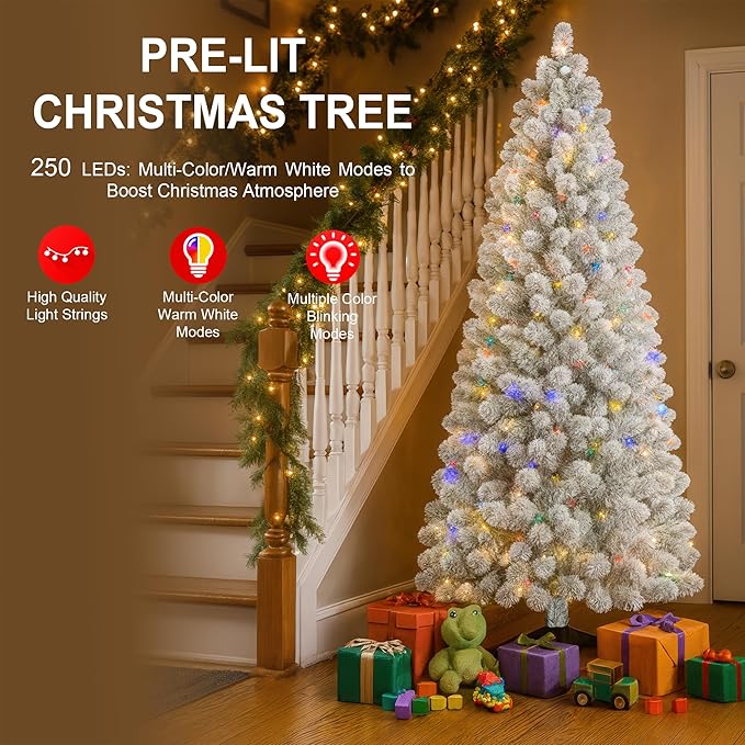 6.5ft White Flocked Christmas Tree with Lights – Pre Lit Flocked Christmas Tree with 250 Multi-Color LEDs, 600 Tips, Pedal Control, Hinged Full Flocked Tree with Plastic Stand