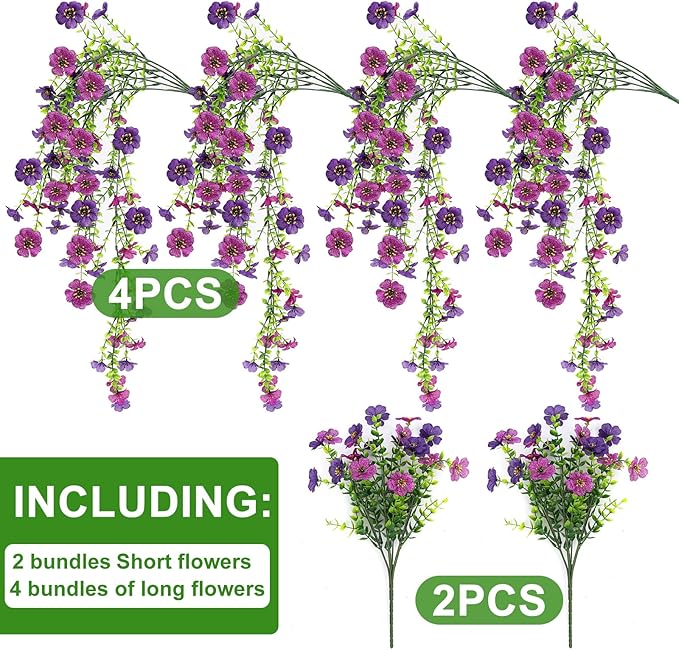 Artificial Flowers for Outdoors 6PCS，All Weather Fade Proof, UV Resistant Waterproof Realistic Faux Silk Mums Daisies Double Purple for Hanging Planters Porch Patio Balcony Deck Fence Garden Decor