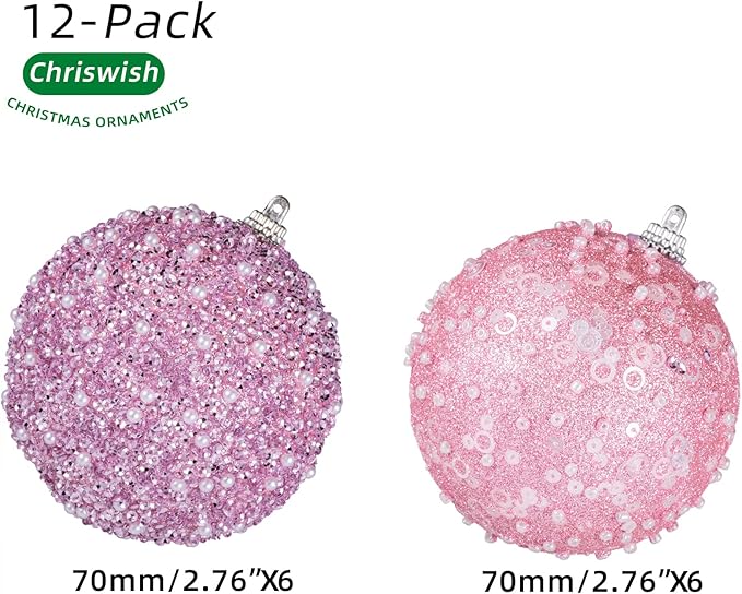 12CT Christmas Ball Ornaments, Pink Christmas Ball Decorations Shatterproof Plastic Hanging Pearl Balls for Holiday Party(70mm/2.76")