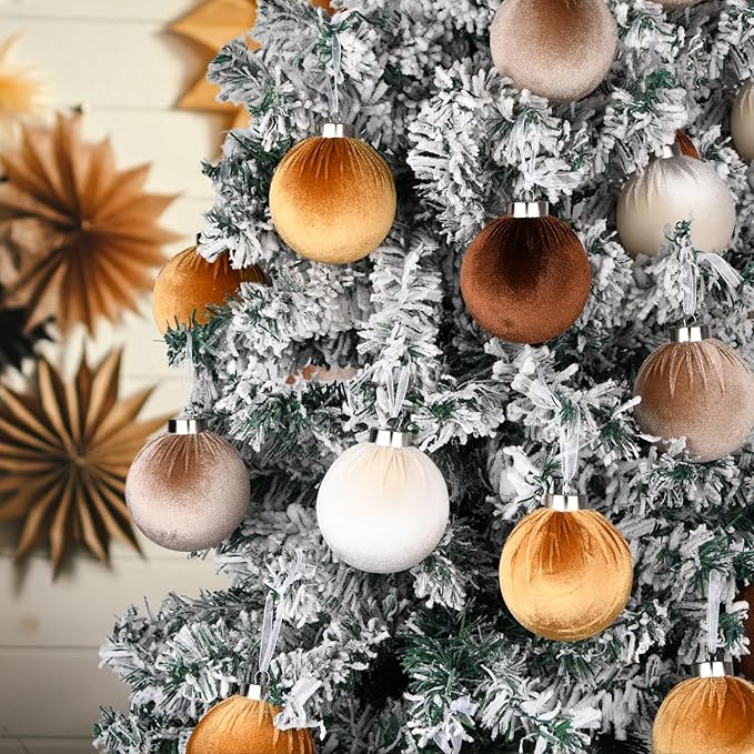Gold Velvet Christmas Tree Ornaments - 15pcs Shatterproof Christmas Balls for Xmas Trees Decorations - Multicolor Brown Gold Neutral Beige, 80mm 3.15inch