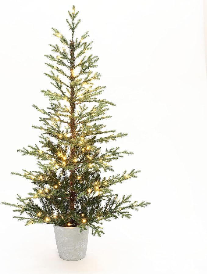 LuxenHome 5FT Potted Christmas Tree with Lights, Slim Small Christmas Trees with 200 Warm White LED Lights, Realistic Fir Artificial Xmas Tree with White Pot for Holiday Display