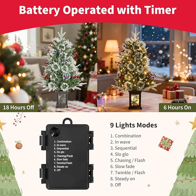 Small 3FT Pre-Lit Snow Flocked Christmas Tree with Twinkling Lights for Home Office Christmas Decor- Battery Operated & Timer (Vintage Snowflake Base)