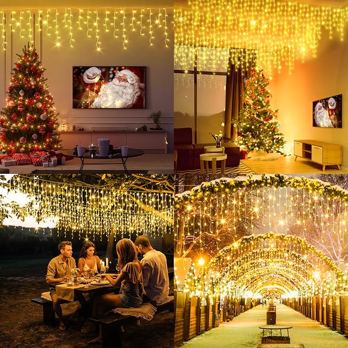 131 FT 1280 LED Christmas Lights Outdoor Decorations Super Long Clear Wire String Lights Plug in 240 Drops 8 Modes Memory Timer Curtain Fairy Lights Waterproof for Holiday Wedding Party-Warm White