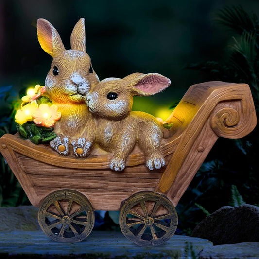 PRETMANNS Solar Rabbit Garden Statue - Mother & Baby Bunny Outdoor Decor with LED Lights for Patio, Yard Ornaments & Gifts for Women & Mom - Large