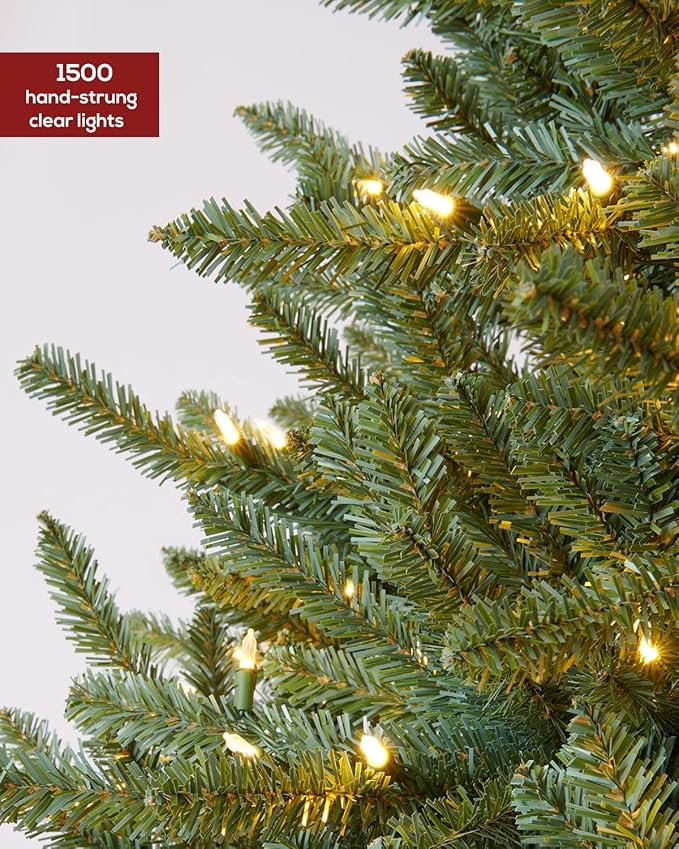 9FT Pre-lit Christmas Tree Premium Artificial with 1500 Clear Lights, Full Hinged Blue Spruce Full Xmas Tree 9 Feet, Feel Real Realistic Fir Green Festive Holiday