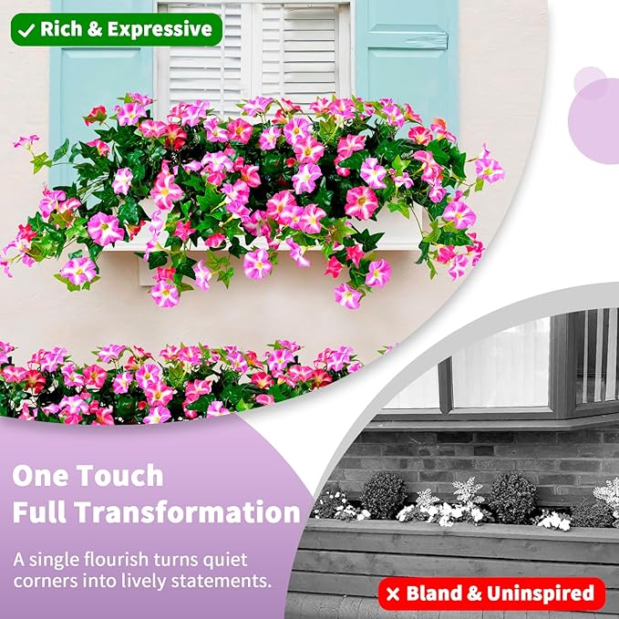Artificial Flowers for Outdoors 2 Pack UV Resistant Petunias with Real Touch Plastic Leaves, Faux Flowers for Outdoor Planters, Silk Flowers for Outside Garden Porch Window Patio Home Decor, Fuchsia