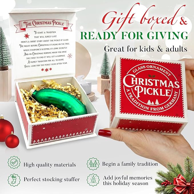 German Christmas Pickle Ornament Tradition – Handcrafted Green Glass Christmas Tree Ornament – Gift Boxed with Story & Legend – Holiday Keepsake Gift