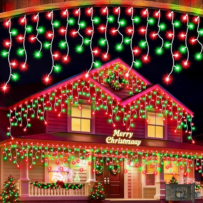 JXLEDAYY 65 FT 640 LED Christmas Lights Outdoor Decorations Clear Wire String Lights Plug in 120 Drops 8 Modes Memory Timer Curtain Fairy Lights Waterproof for Holiday Wedding Party-Red and Green