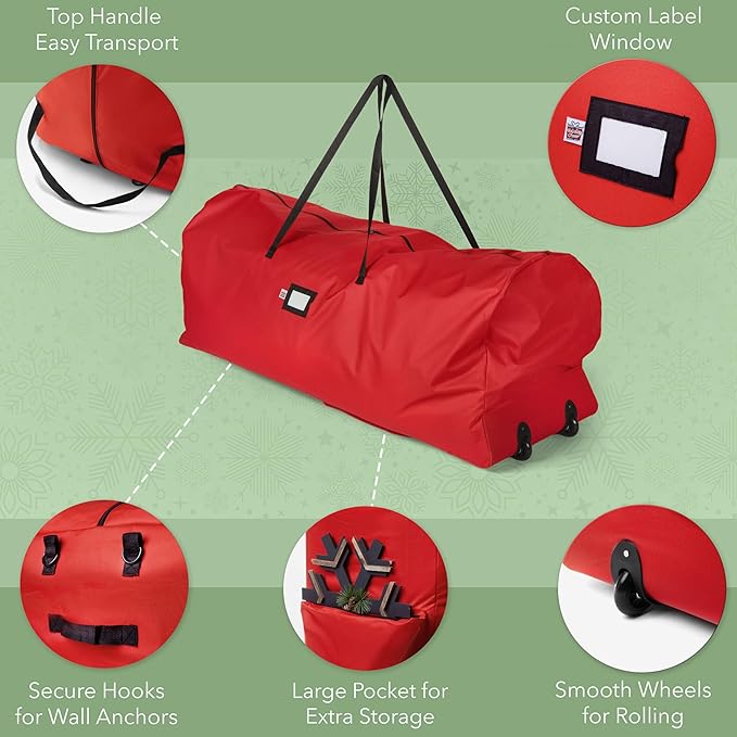 Holiday Cheer Christmas Tree Storage Bag with Wheels – Heavy Duty Christmas Tree Bag Fits Up to 7.5ft Tall Artificial Christmas Tree, Waterproof, Durable Handles & Zipper – Xmas Tree Storage Bag (Red)