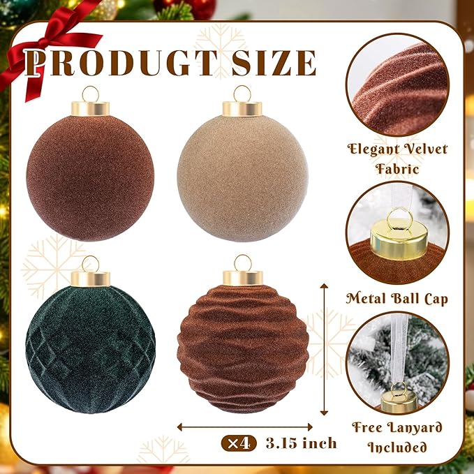 Festiva Christmas Tree Ornaments Velvet Balls - 12 Pcs Neutral/Brown/Green Shatterproof Christmas Tree Ornaments Velvet Balls, for Xmas Wedding Party Holiday Decorations (Gift Box)