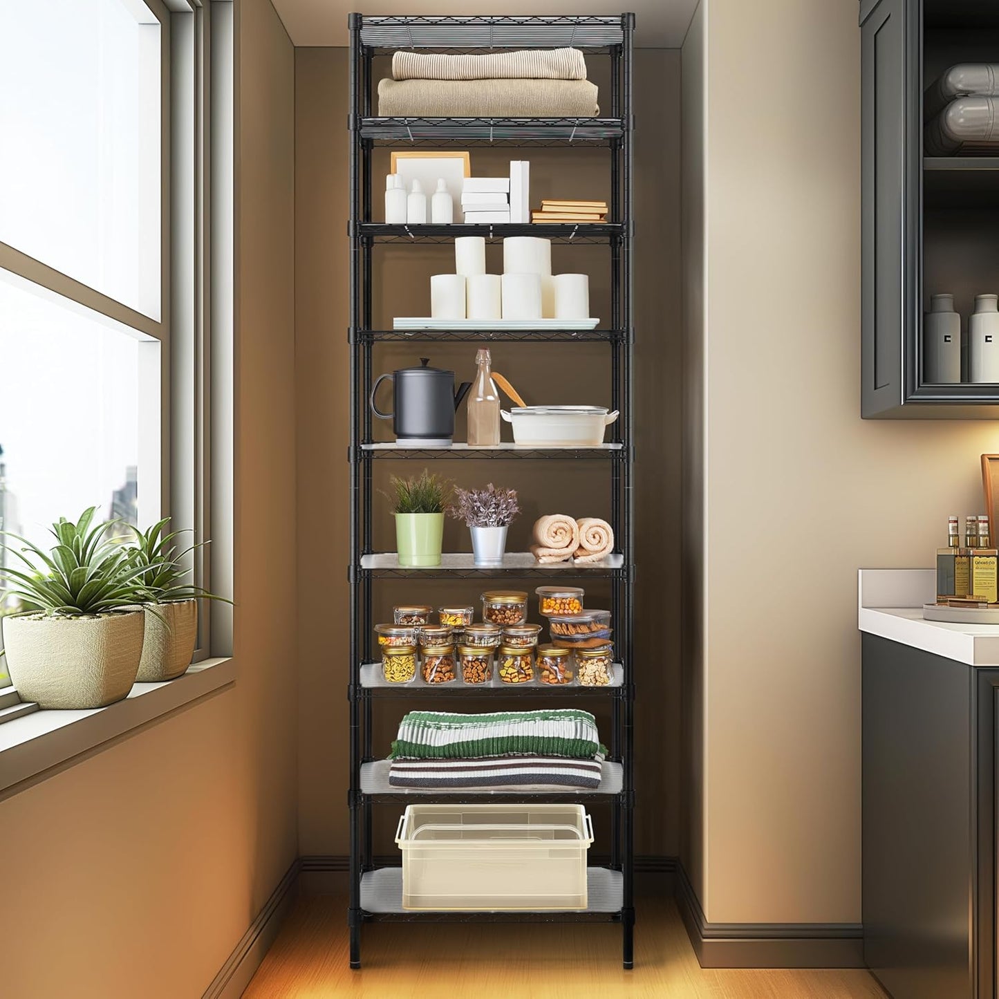 Finnhomy 9-Tier Wire Shelving Unit Adjustable Steel Wire Rack Shelving, 81 Inches Height 9 Shelves Metal Storage Rack, Pantry Shelves for Storage with PE mat, NSF Certified, Black