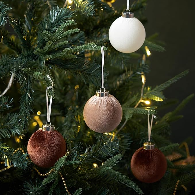 Christmas Ball Ornaments, 15 Pcs White & Coffee Ornaments with Velvet, Multicolor Xmas Decorations for Christmas Tree Holiday Decor