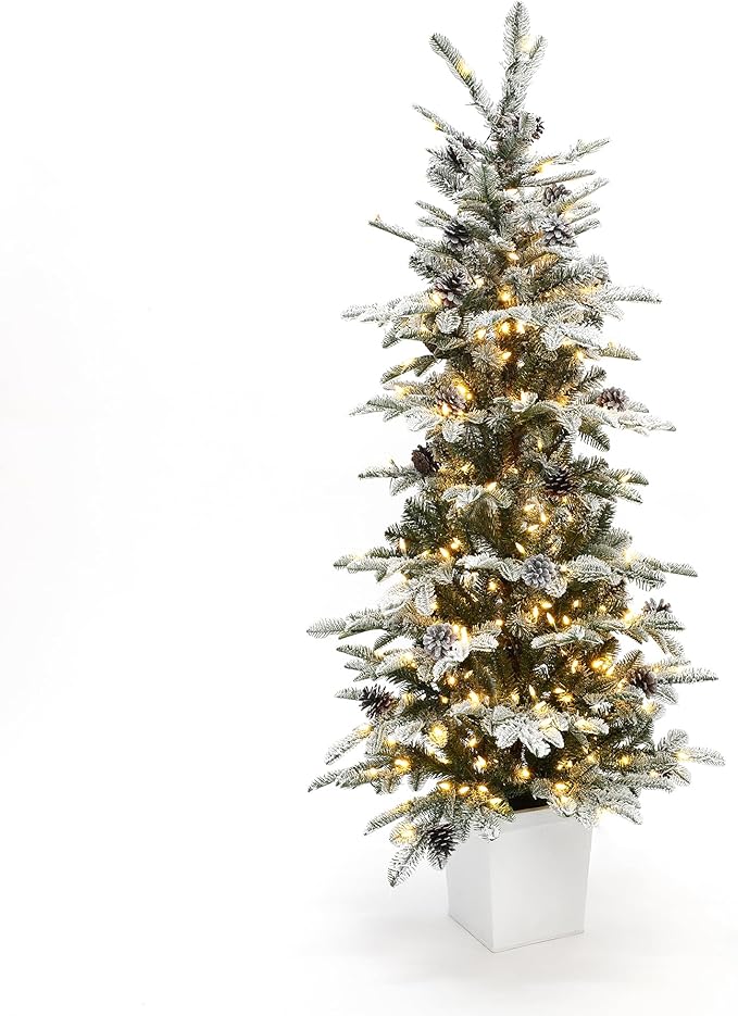 LuxenHome 5FT Small Potted Christmas Tree, Flocked Christmas Tree with Pot, Prelit Artificial Xmas Trees with 300 LED Lights and Pine Cone, Lighted Pine Trees for Indoor, Outdoor Holiday Display