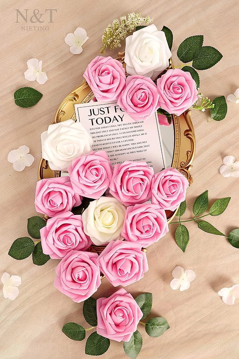 N&T NIETING Artificial Flowers Pink Roses, 50Pcs Fake Flowers Foam Roses with Stems for DIY Wedding Bridesmaid Bridal Bouquets Centerpieces Party Home Decoration Baby Shower
